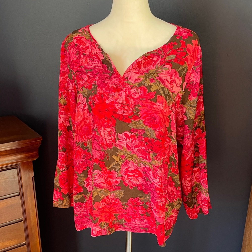 J Jill Pink Green Floral Long Sleeve V-neck Lightweight Tunic Top Size XL Petite